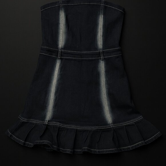 New Micas Strapless Denim Mini Dress with Ruffle Hem - Picture 1 of 4
